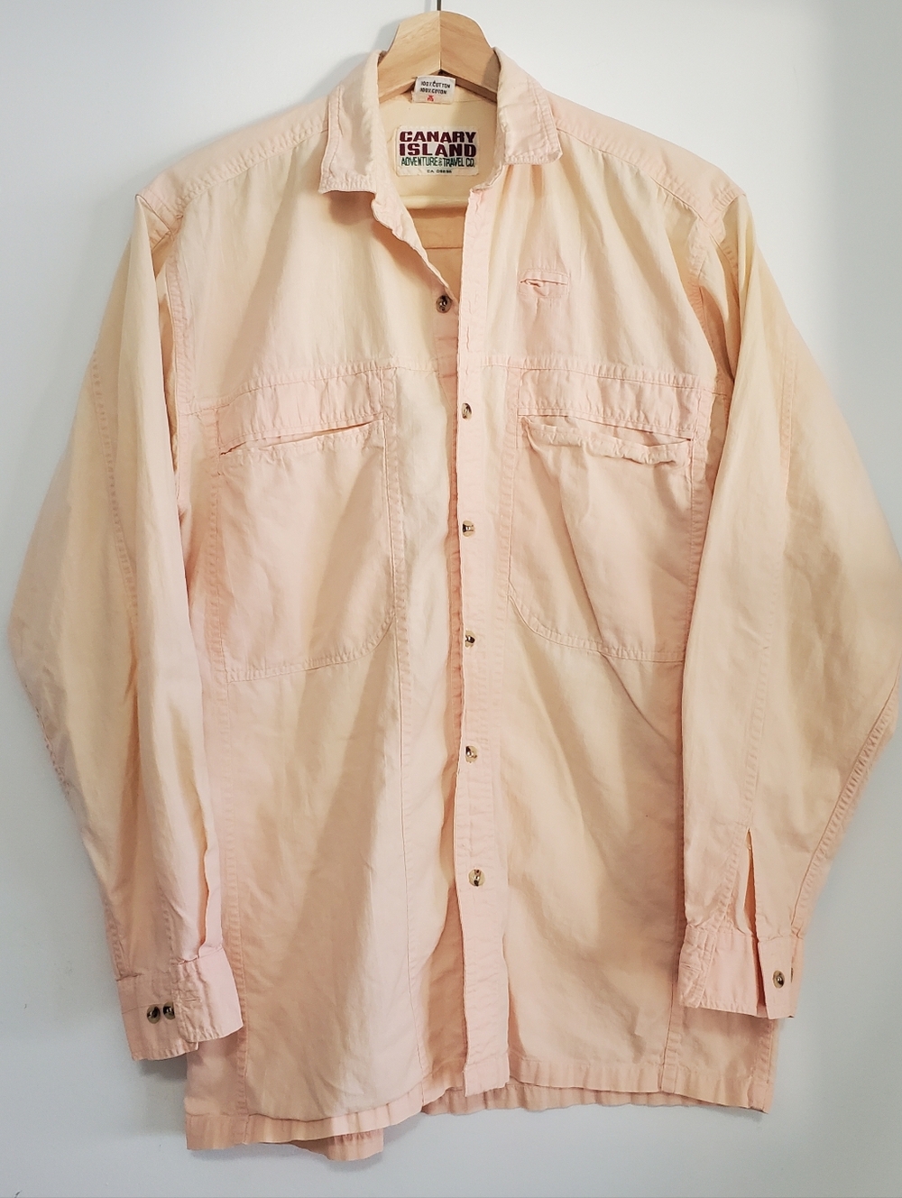 Vintage Canary Island Men's Small 38 Cotton Button Collar Long Sleeve top Peach